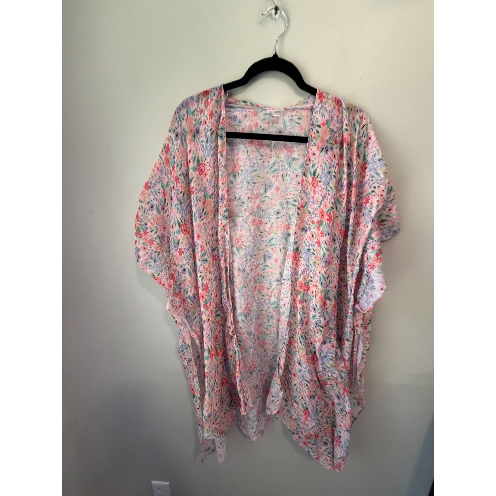 Marleylilly Floral Kimono Wrap Pink Purple Viscose Open Front Cover Up OS